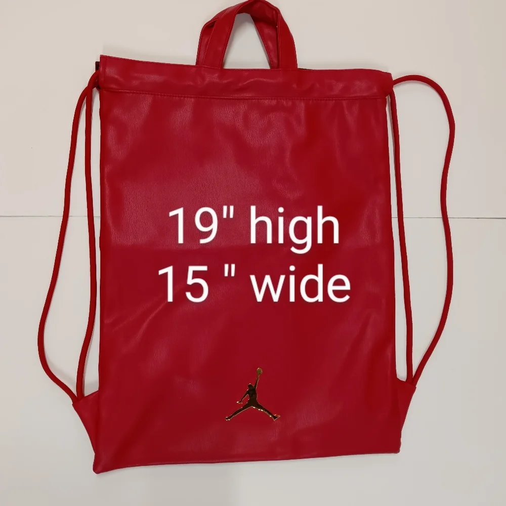 JORDAN Red Faux Leather Drawstring Backpack with Gold Jumpman